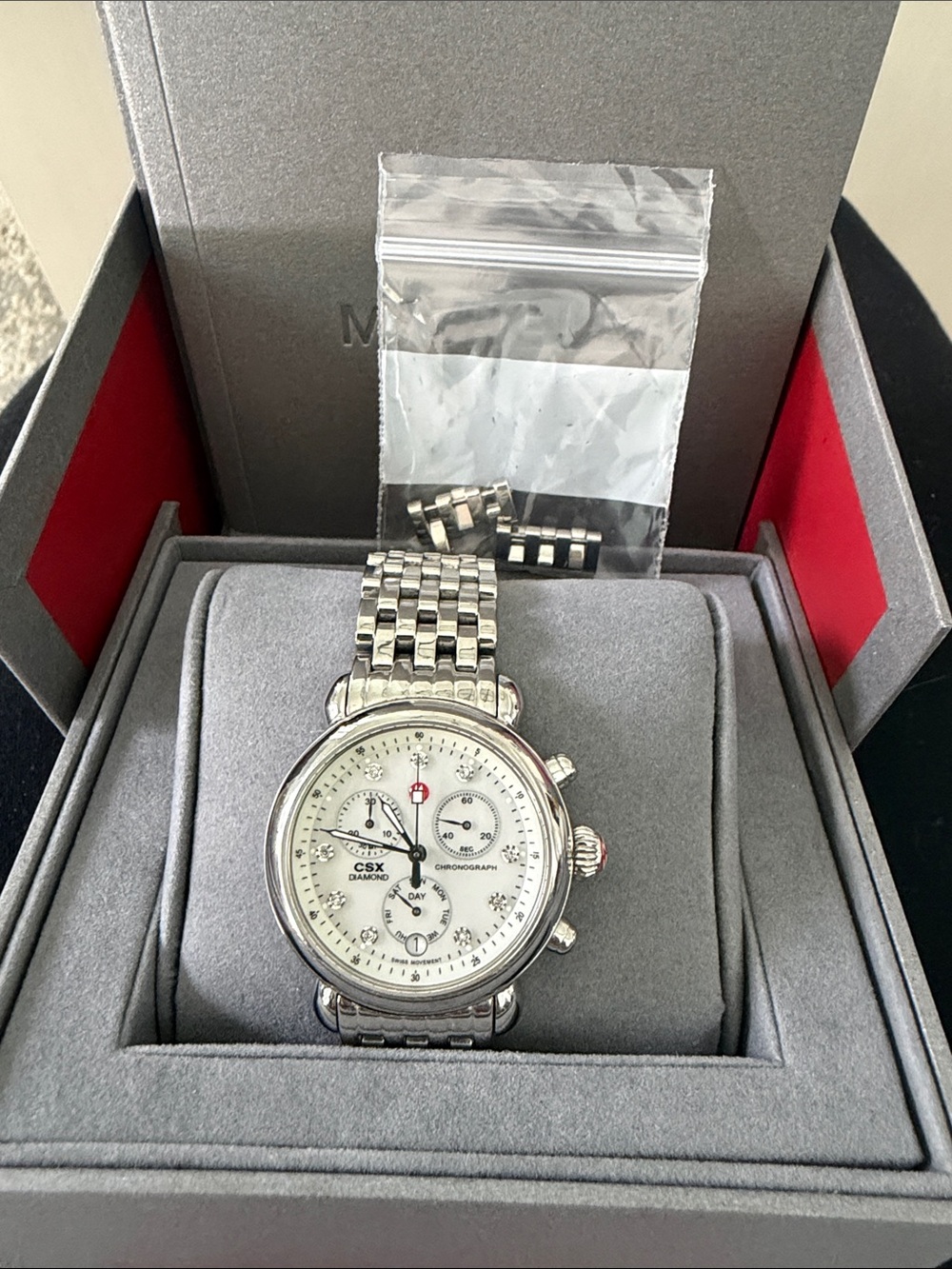 Michele CSX Silver Stainless Steel Chronograph Watch with White Dial